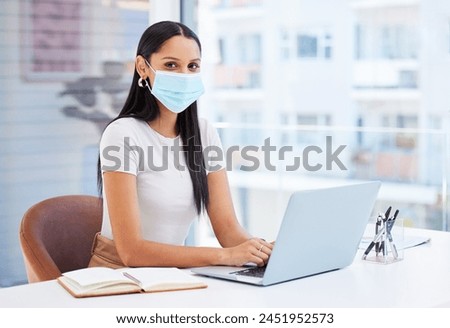 Woman, face mask and portrait in office with laptop, risk of bird flu or virus with protection, policy and regulations at work. Employee in compliance, healthcare rules and safety from H5N1 strain Royalty-Free Stock Photo #2451952573