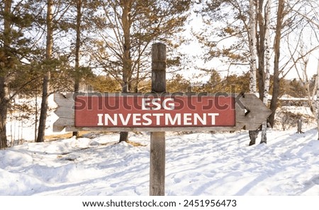 ESG environmental social governance investment symbol. Concept words ESG investment on beautiful wooden road sign. Beautiful forest snow sky background. Business ESG investment concept. Copy space.