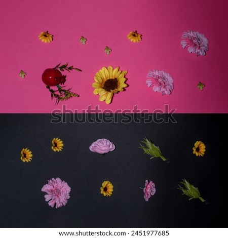 Creative summer flat lay nature flowers and plants seamless pattern concept on a pink and black background.
