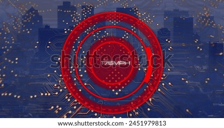 Image of scope scanning with growing number and computer circuit board over cityscape. Global business, computing and digital interface concept digitally generated image.