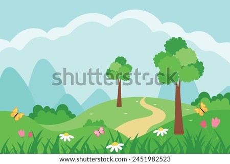 Cute summer landscape with flowers, meadow and butterflies. Vector.