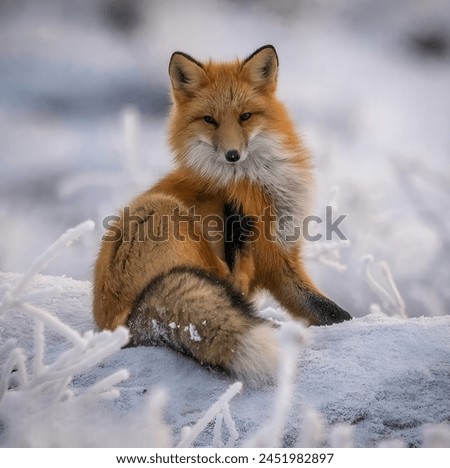 Beautiful Orange and WHite Sakhalin Fox Lying on Snow on Land
