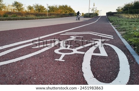 Bike path. Sign white paint on the pavement. Summer. bicycle traffic sign painted on the floor floor