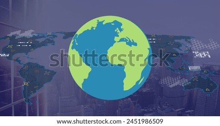 Image of globe and world map over cityscape. Global social media, technology and digital interface concept digitally generated image.