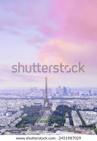 Sunset Eiffel tower and Paris city view form Montparnasse. Sunset romantic background. Eiffel Tower from Champ de Mars, Paris, France