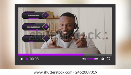 Image of social media screen over african american man making image blog. Social media and digital interface concept digitally generated image.