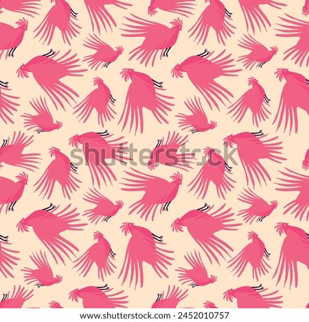 A pink and white pattern of birds flying in the sky. The birds are in various positions and sizes, creating a sense of movement and energy. Scene is playful and whimsical