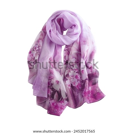 Large scarf, purple flower print. High quality. Used as a garment, decoration, or as a gift. Ideal to be placed on the head and protect from the sun, or around the neck. Gift craft isolated on white Royalty-Free Stock Photo #2452017565