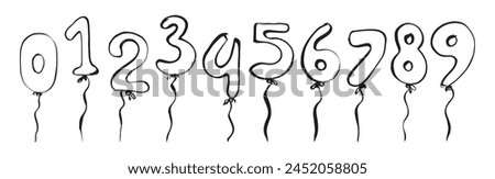 Balloons numbers ink drawn black and white vector illustration clip arts
