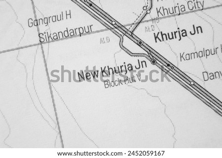 New Khurja Jn - India Railways junction schematic transport map train station in atlas style town or city name in black and white