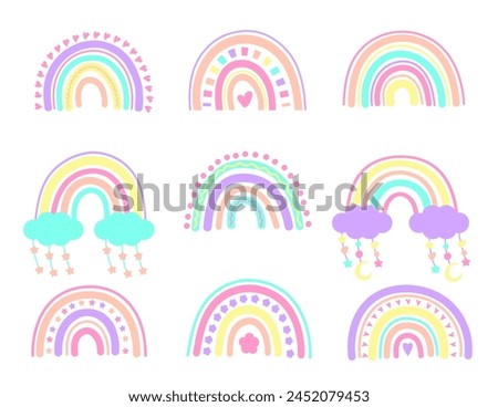 Large set of Scandinavian rainbows with ornaments. Hand-drawn children's boho decorations. For design, posters, stickers, card, wallpaper, wrapping, sketchbook. Vector cartoon illustration