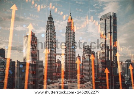 Abstract red crisis arrows on blurry city background. Economic recession, financial fall and crash concept. Double exposure