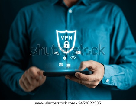 VPN Virtual private network concept. Businessman use smartphone with virtual screen of VPN connection. Internet security,BYOD encrypted connection for anonymous internet user