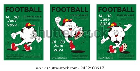A set of posters. A cartoon soccer ball with different emotions and poses. Bright sports palette: green, red, white, black. Vector illustration.