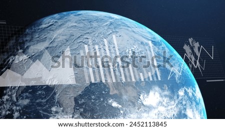 Image of data processing and globe over blue background. Global connections global research and networks concept digitally generated image.