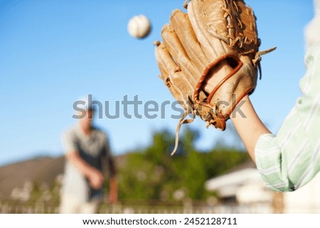 Dad, boy and catch with baseball, teaching and training for love, bonding and games in summer. Family home, papa and child with pitch, hands and softball glove for sports with learning in backyard