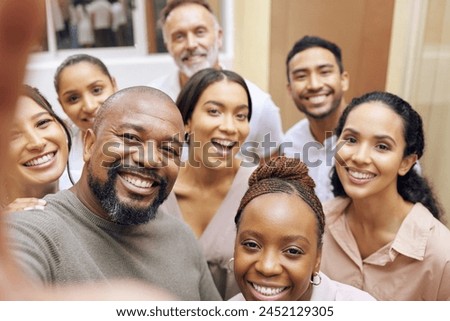 Creative people, portrait and selfie in office for company website or social media with diversity and happiness. Team, together and photography in workplace for fun, collaboration and business memory