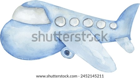 Watercolor blue airplane illustration, air transport clipart, plane clip art