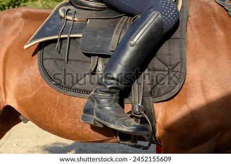 A cowboy on a horse in the saddle and in leather boots. A jockey on a Western-style stallion.