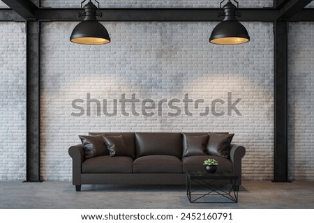 Capture an alluring urban view with this photo of an industrial-style living room. The exposed brick walls provide a rough vintage touch, while metal accents offer a strong modern vibe Royalty-Free Stock Photo #2452160791