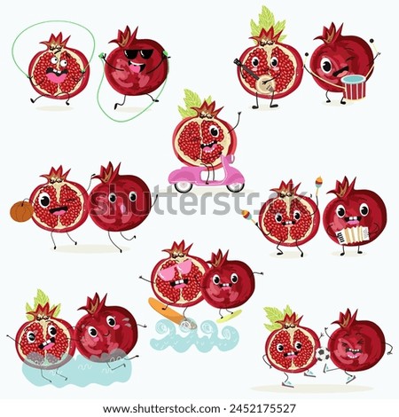 Cute garnet, pomegranate  fruit characters set, collection. Flat vector illustration. Activities, playing musical instruments, sports, funny fruits.