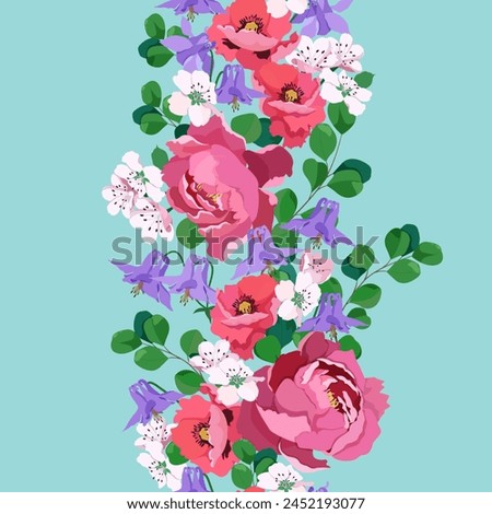 Seamless background with poppy, aquilegia, cherry flowers and peony on turquoise background. For decoration textile, packaging, wallpaper. Vector illustration. Vertical. Royalty-Free Stock Photo #2452193077