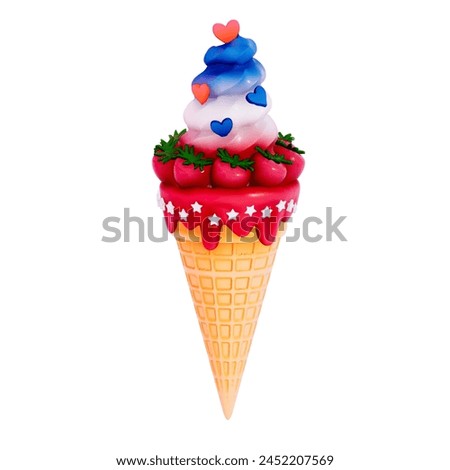 Dessert 4Th of July 3D , Ice cream cones with scoops of red, white, and blue on White background , 3D Rendering