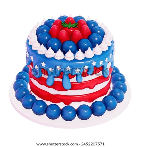 Dessert 4Th of July 3D , Cake decorated to resemble the American flag on White background , 3D Rendering
