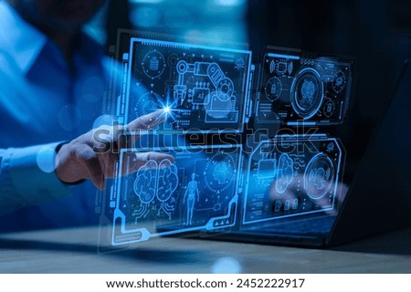 A man is pointing at a computer ai screen with a blue screen that has a man's hand on it. Ai can control tools and device for manage process on cyber to connection hospital, banking, stock, finance