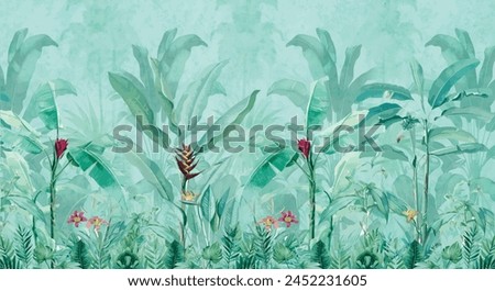 Tropical jungle wallpaper illustrations. Banana leaves Tropical leaves wallpaper for digital printing. Exotic jungle wallpaper.