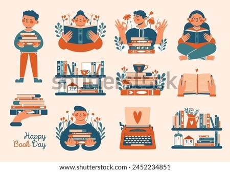 World Book Day. Set for booklovers, bookworms, nerds. Cute creative collection of clip arts with stack of books, persons holding books, reading, hands, typewriter, bookshelf.For stickers, card, banner