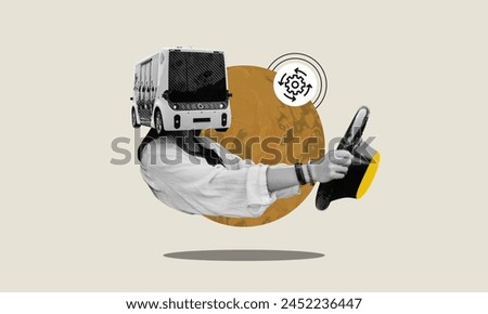 Collage art of self driving vehicle concept. Person with bus replacing the head driving and steering a car. Automatic transportation using artificial intelligence in modern technology era.