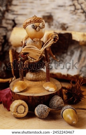 Autumn scene with a little gnome made of acorns reading a book on the closet. The picture is suitable for advertising poster for advertising the autumn book fair.