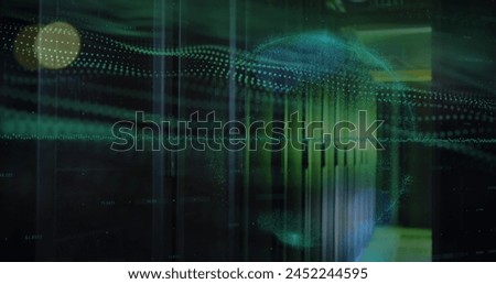 Image of data processing with scope scanning over computer servers. Global business, finances, computing and data processing concept digitally generated image.