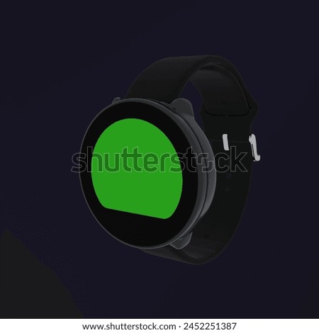 3d product presentation . wrist watch isolated on dark navy color background with green screen on watch 