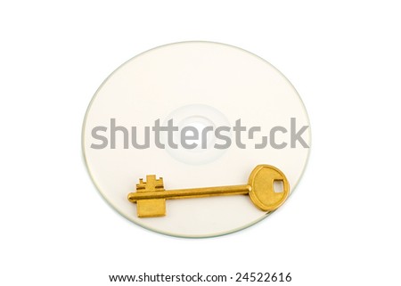 golden key on compact disk isolated on white background