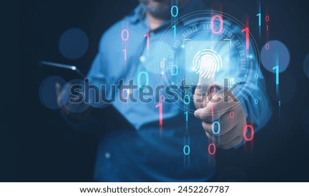 Technology biometric identity for login to internet access privacy. Businessman scan virtual fingerprint login to internet access privacy for protection private, cybersecurity.