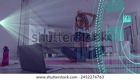 Image of data processing over caucasian woman, exercising using laptop. Global online vlogging, fitness, digital interface and connections concept digitally generated image.