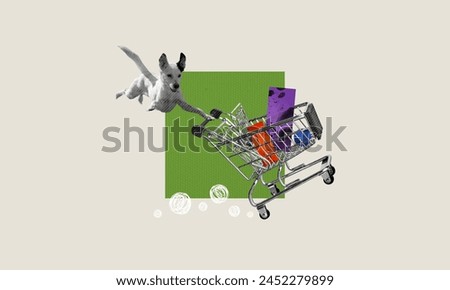 Dog pushing a shopping cart carrying bunch of items, buying discount during black Friday sale. Animal FOMO into buying merchandise. Funny contemporary digital art collage concept.
