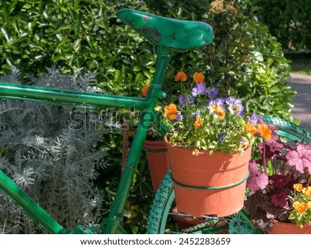 An old green bicycle with flowers