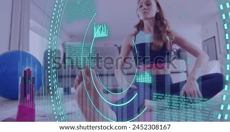 Image of data processing over caucasian woman exercising, stretching at home. Global fitness, digital interface and connections concept digitally generated image.