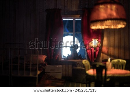 Romantic Ambiance: Realistic Dollhouse Living Room at Night, Elegant Furniture, Soft Glow from Window, Handcrafted Artwork on Table. Selective focus