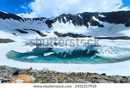Half Frozen Unique lake of Kashmir Valley with snow mountains. Most Peaceful Places in Valley and Most Precious Places for hikers. Holidays best location to hiking and explore nature of valley. Royalty-Free Stock Photo #2452317935