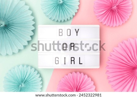Boy or girl. Lightbox with letters and tissue paper fans in a pink and blue colors. Gender reveal party concept. 