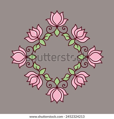  frame in eastern tradition pink flower. Stylized with henna tattoos decorative pattern for decorating covers for book, notebook, casket, magazine, postcard and folder. 