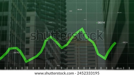 Image of green line and financial data processing over grid and cityscape. Global business, finance, computing and data processing concept digitally generated image.