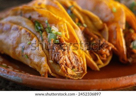 closeup of crispy birria tacos. Mexican food