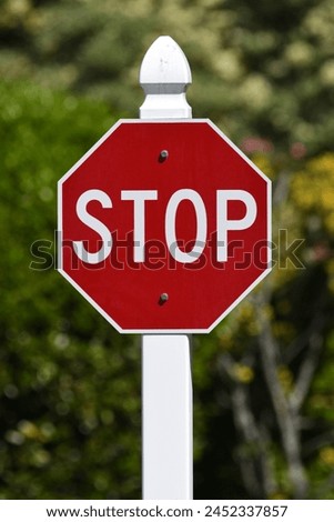 A bright red stop sign with white writing with a painted white sign post. The background has the green of spring growth on the trees that makes for great contrast.
