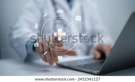 Health care and medical technology services concept. Medical worker using data virtual with health care icons,medical technology background,health insurance business.Health Insurance, telemedicine
