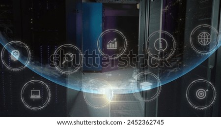 Image of multiple digital icons over globe against computer server room. Computer interface and business data storage technology concept